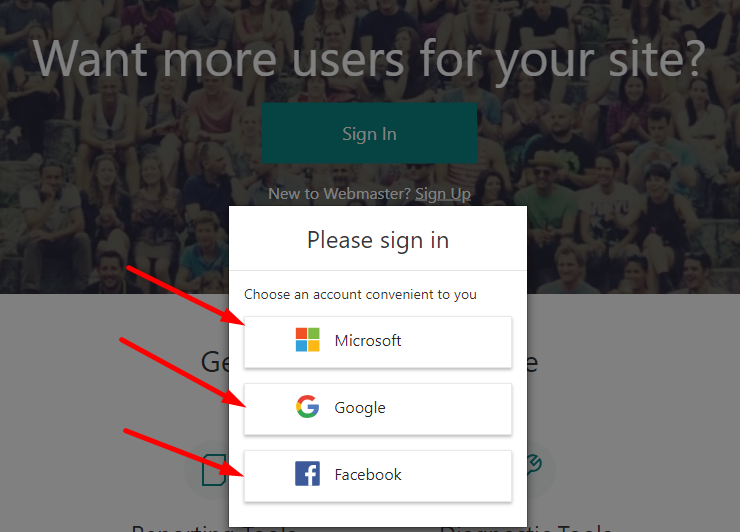 Bing webmaster tools sign in screen