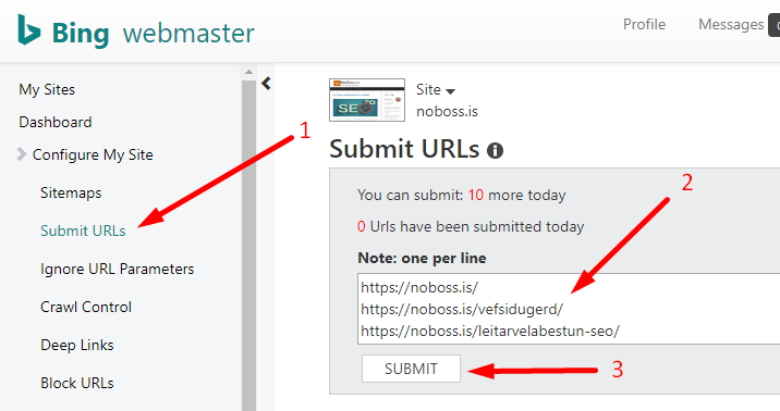 Using Bing's Submit URLs tool