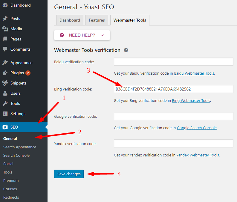 Adding the bing verification code into the yoast SEO plugin