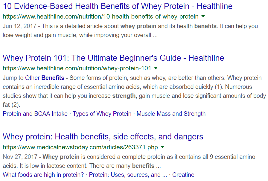 Google search results for whey protein