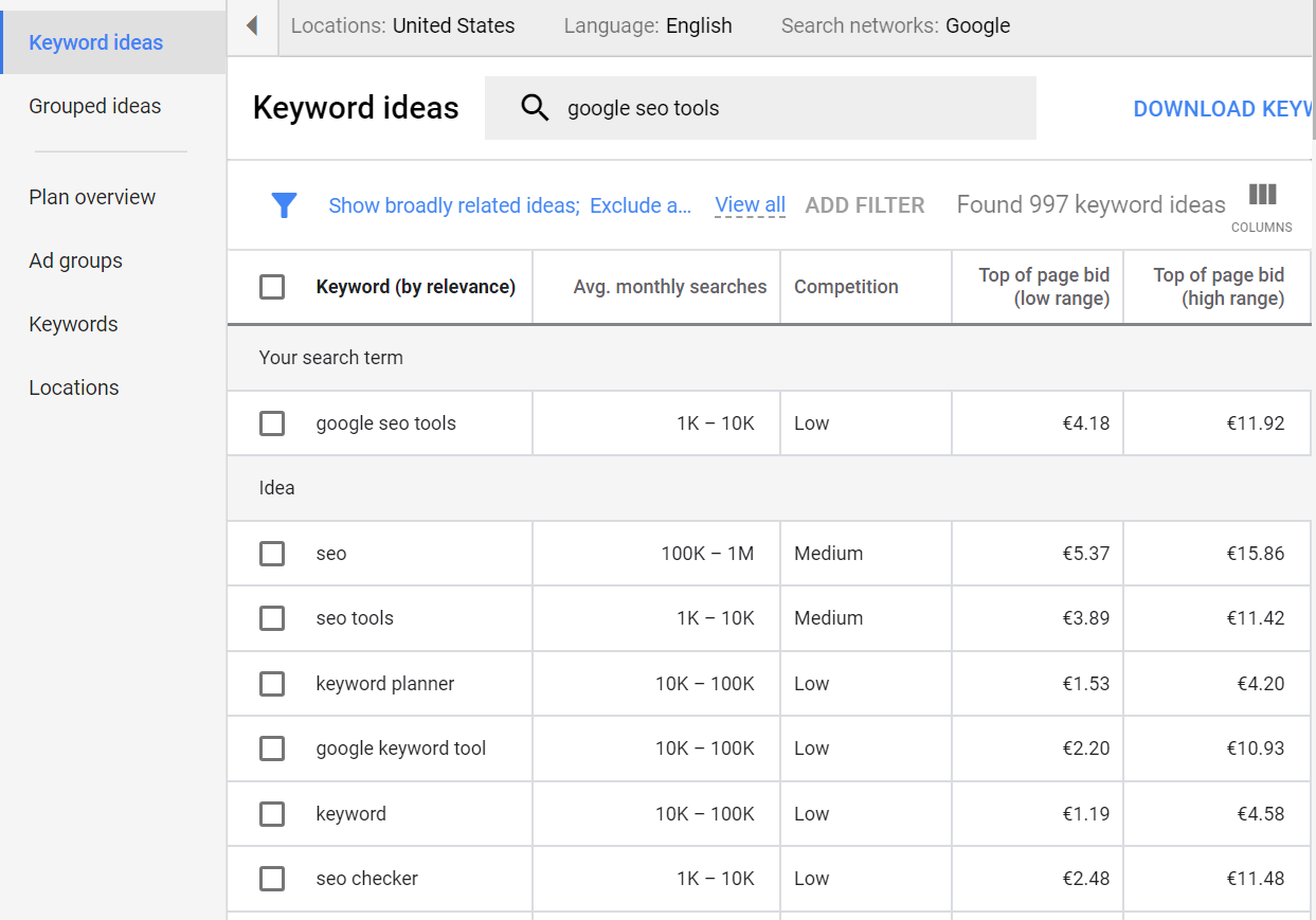 Google ads keyword planner screenshot