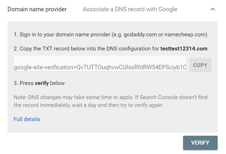 Google search console domain dns verification
