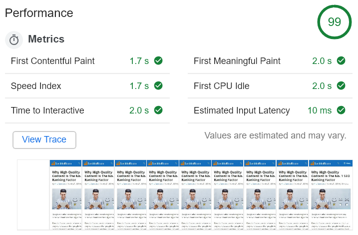 Lighthouse results screenshot