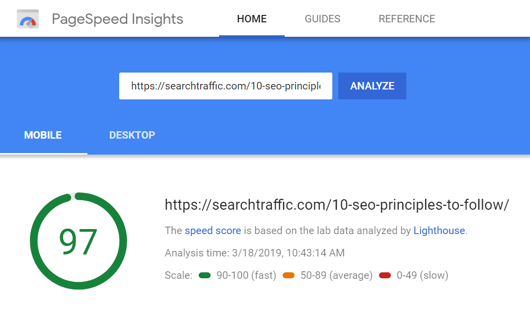 Pagespeed insights results