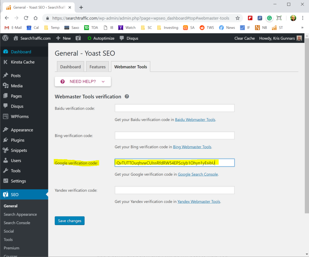 Verify in the Yoast SEO plugin