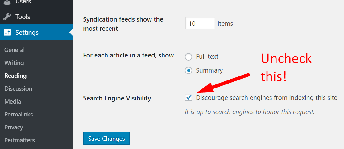 Discourage search engines from indexing in WordPress