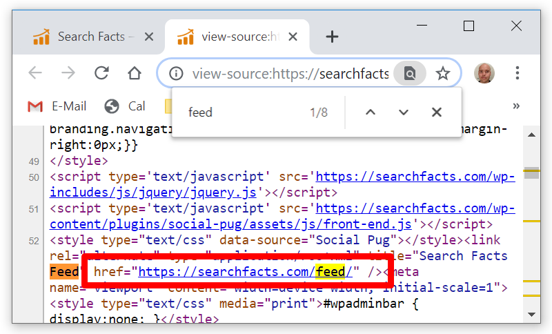 RSS feed URL in source code