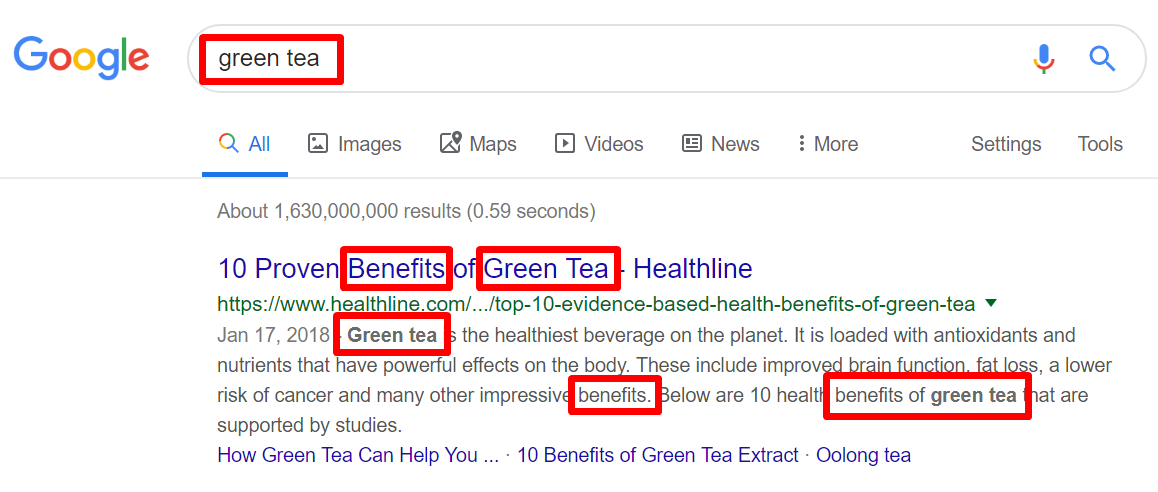 Green tea keywords in search results