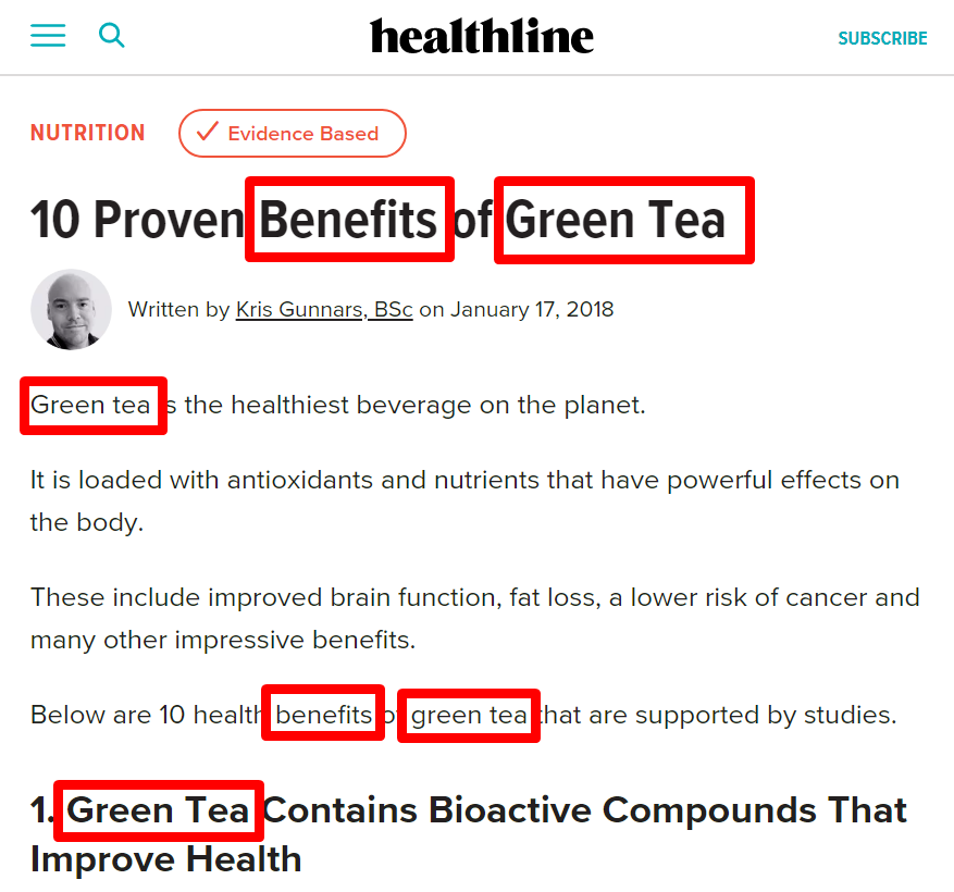 Green tea keywords on page