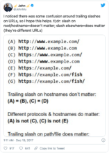 I noticed there was some confusion around trailing slashes on URLs, so I hope this helps. tl;dr: slash on root/hostname=doesn't matter; slash elsewhere=does matter (they're different URLs)