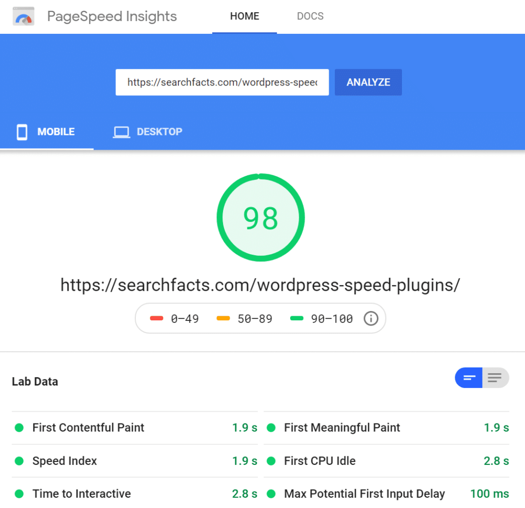 Google pagespeed score with native lazy load