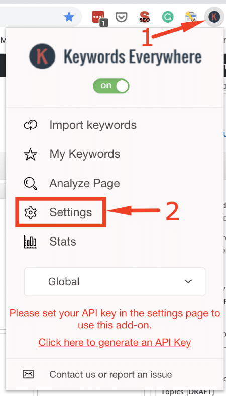 Open keywords everywhere settings