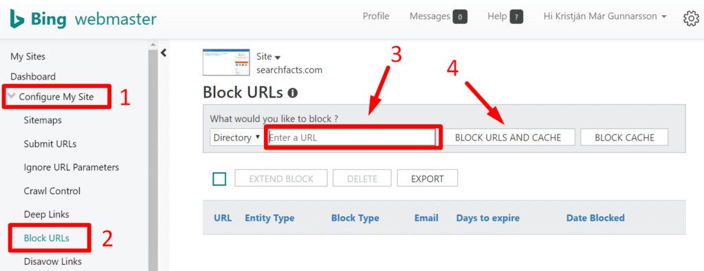 Remove url with Bing webmaster tools