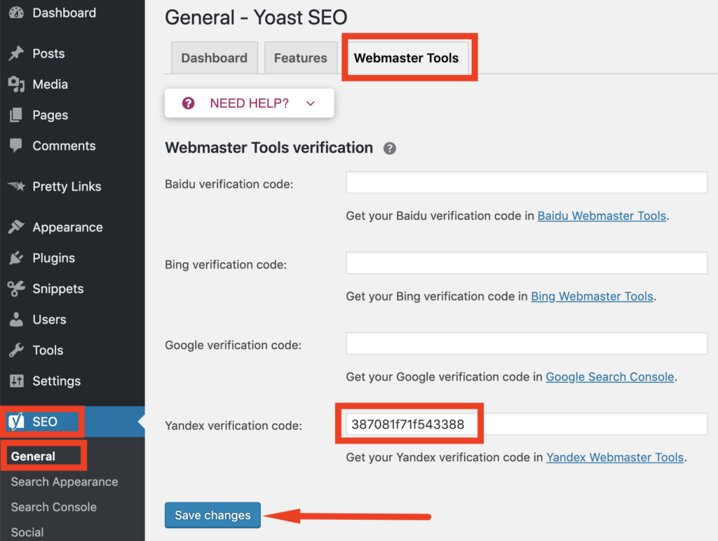 Yandex verification code in Yoast