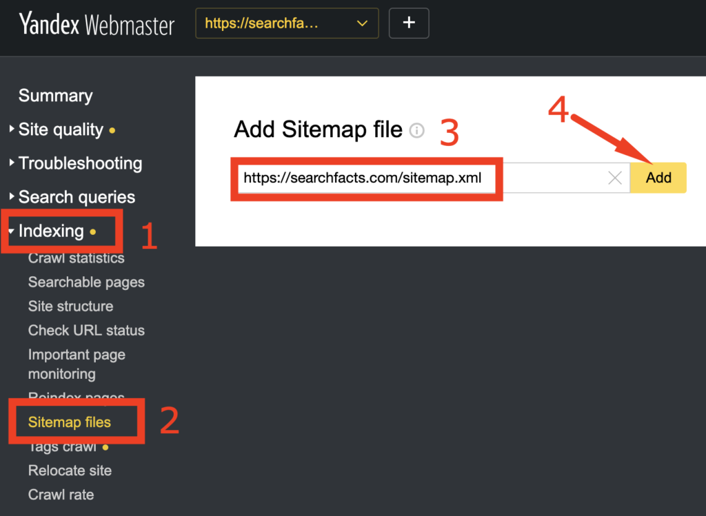 Add a sitemap to Yandex webmaster tools