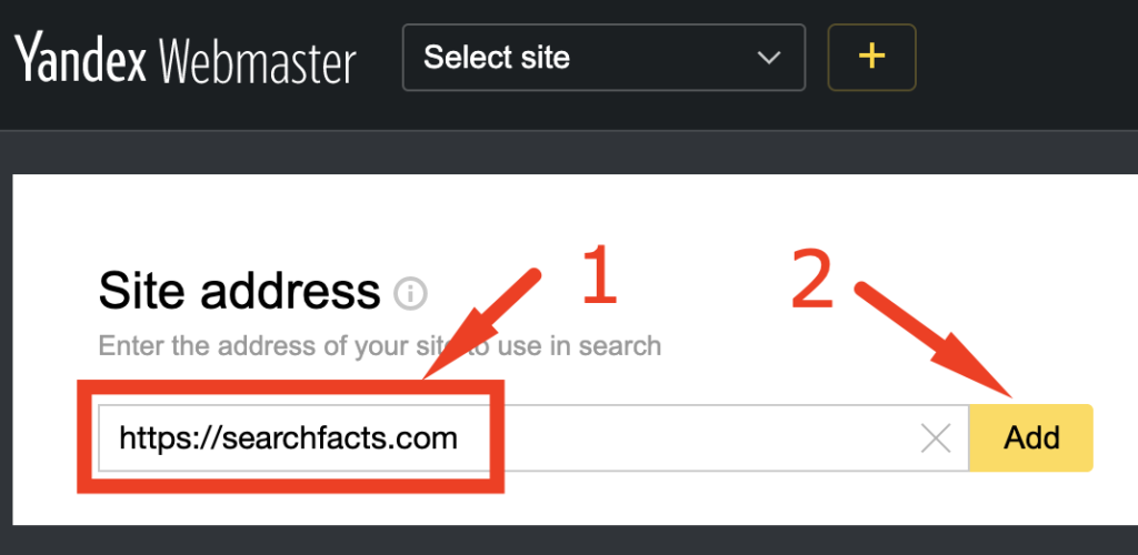 Enter site address in Yandex webmaster tools