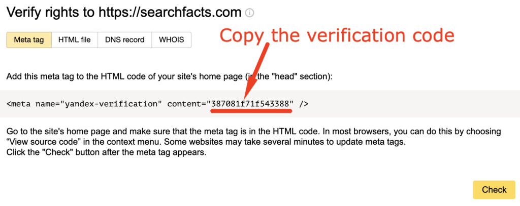 Verification meta tag in Yandex webmaster tools